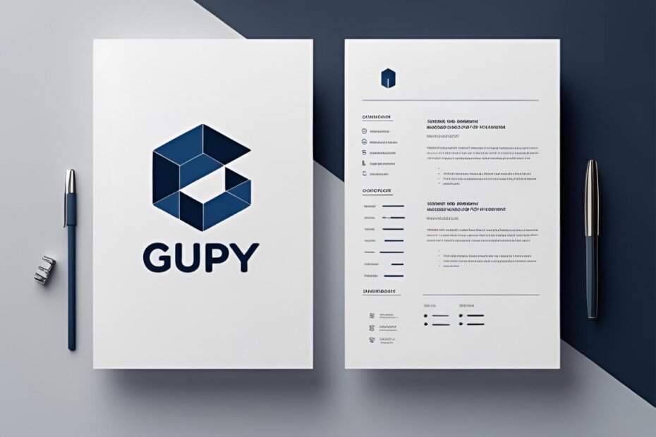 Materiais de branding da Gupy com o logo e um currículo template, demonstrando uma integração profissional.