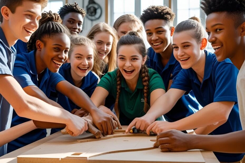 Grupo de jovens aprendizes colaborando e sorrindo ao redor de uma mesa de trabalho.