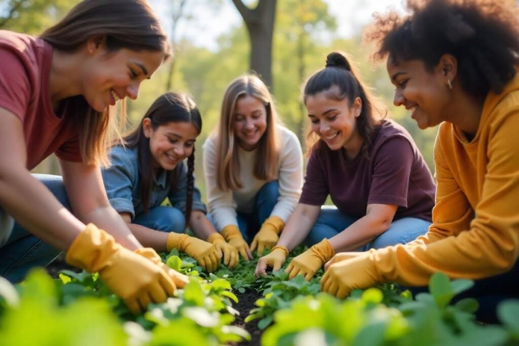 Grupo de jovens, incluindo mulheres, engajadas em uma atividade de jardinagem em grupo, utilizando luvas de proteção.