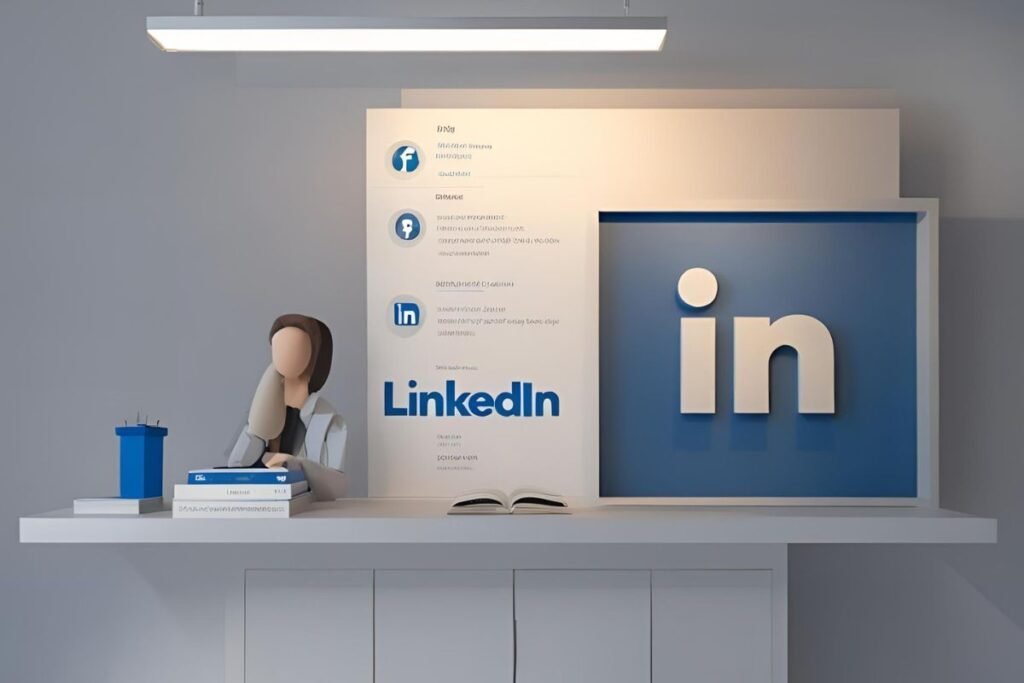 Cenário de escritório minimalista com uma figura abstrata sentada em frente a uma mesa, e um grande logo do LinkedIn em segundo plano ao lado de elementos relacionados ao trabalho.