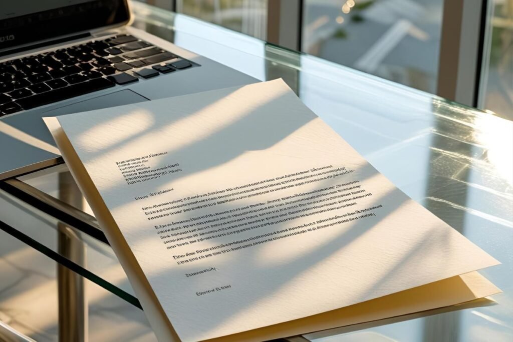 Carta de apresentação impressa sobre mesa de vidro ao lado de laptop em escritório com luz natural