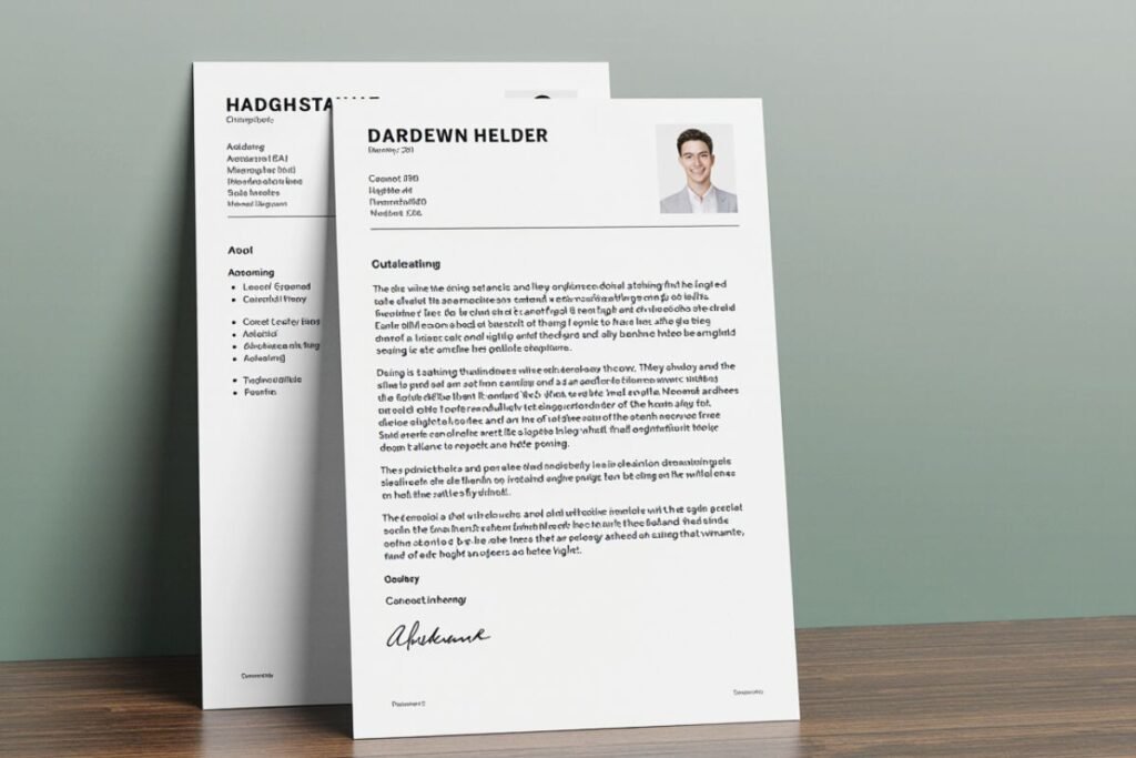 Um currículo e uma carta de apresentação em papel branco sobre uma superfície cinza, com o título "DARDENW HELDER" e uma foto de perfil sorridente, exemplificando a preparação profissional para o mercado de trabalho.