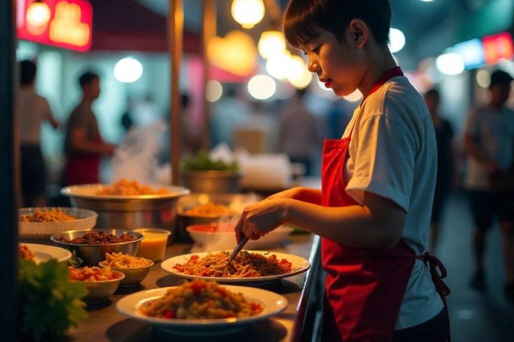 Um jovem chef asiático vestindo um avental vermelho, preparando e servindo pratos de massa em uma barraca de comida de rua iluminada à noite, com outras pessoas e barracas desfocadas ao fundo.