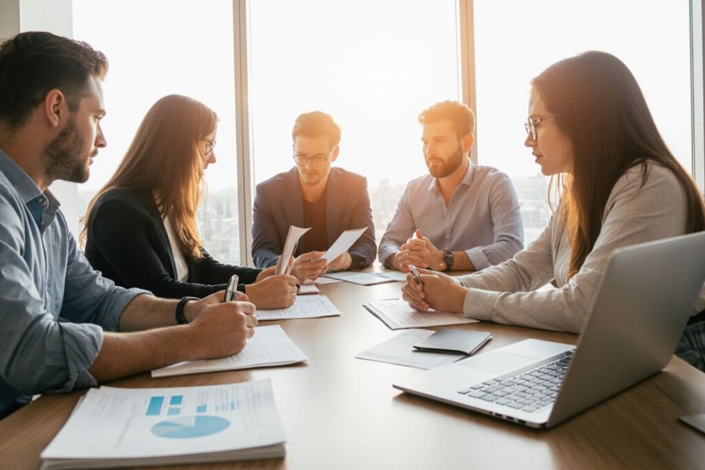 Cinco profissionais em uma reunião de negócios, discutindo estratégias e analisando documentos, com a luz do sol entrando por grandes janelas ao fundo.