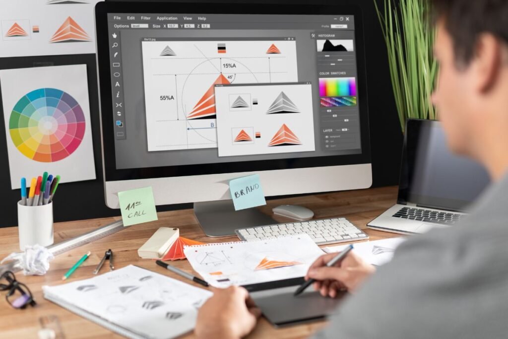 Designer gráfico trabalhando em um iMac em casa, focado na criação de um logotipo com um tablet gráfico e amostras de cores na mesa.