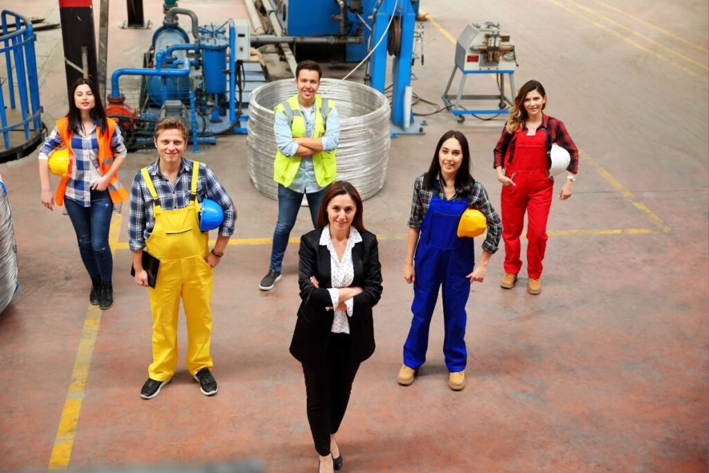 Grupo diversificado de seis trabalhadores em ambiente industrial, incluindo homens e mulheres em macacões coloridos e coletes de segurança, com uma gestora à frente, representando a força de trabalho e a importância do direito ao descanso para todos.